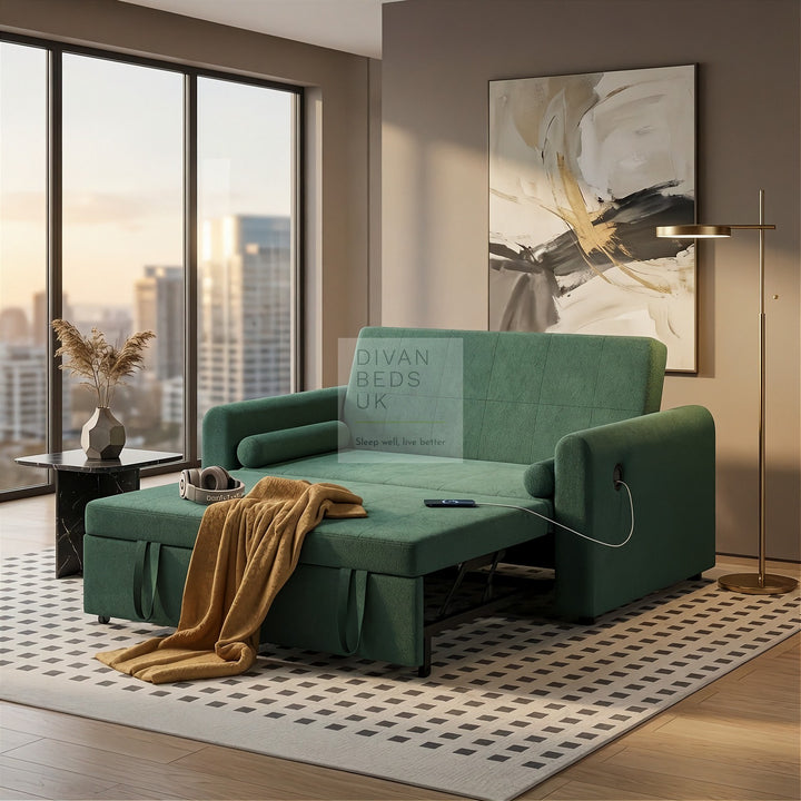 Kimora Green Linen Smart Daybed Sofa Bed with USB & Type C Charging and Matching Pillows