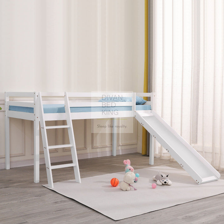 Timothy Slide Kids White Wooden Mid Sleeper Cabin Bunk Bed with Ladder