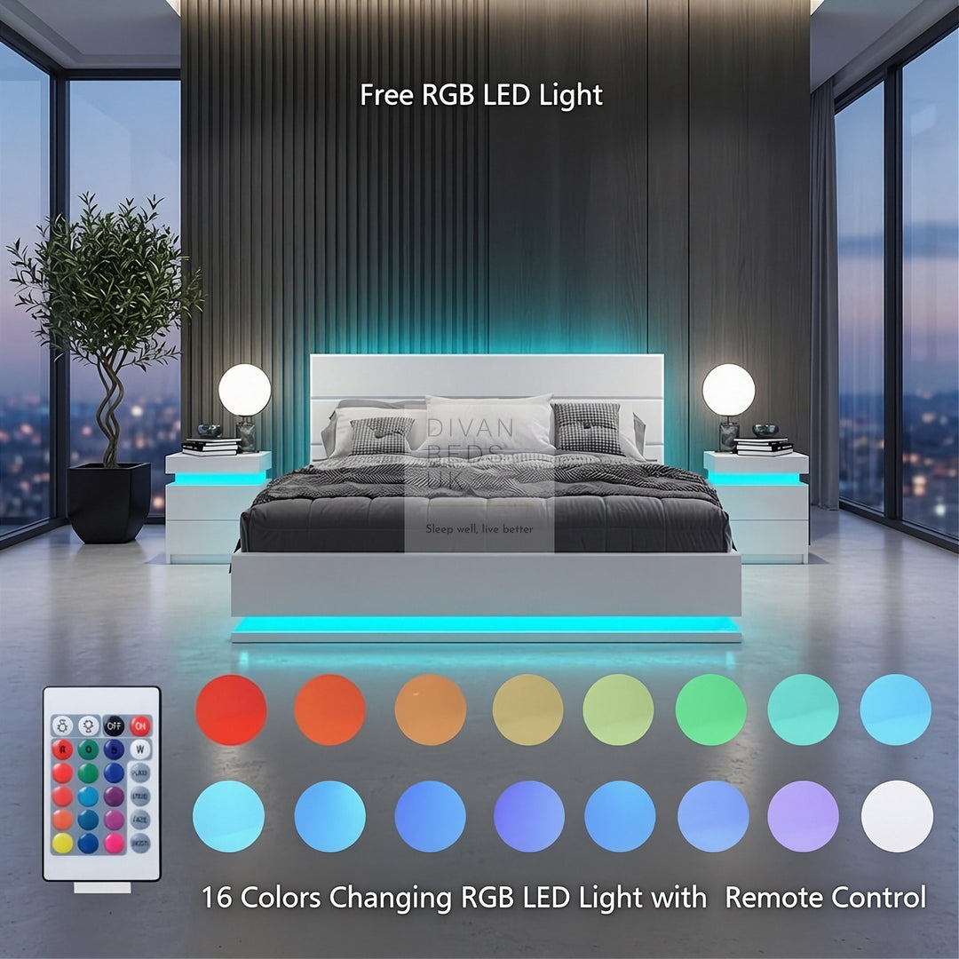 Averie LED White Leather Ottoman Gas Lift Storage Smart Bed