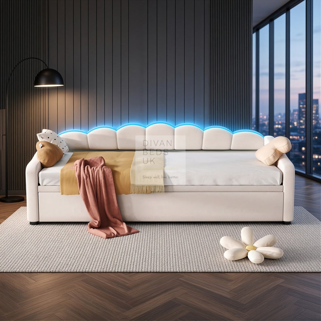 Elina Beige Plush Velvet Trundle Guest Sofa Bed with LED Lighting