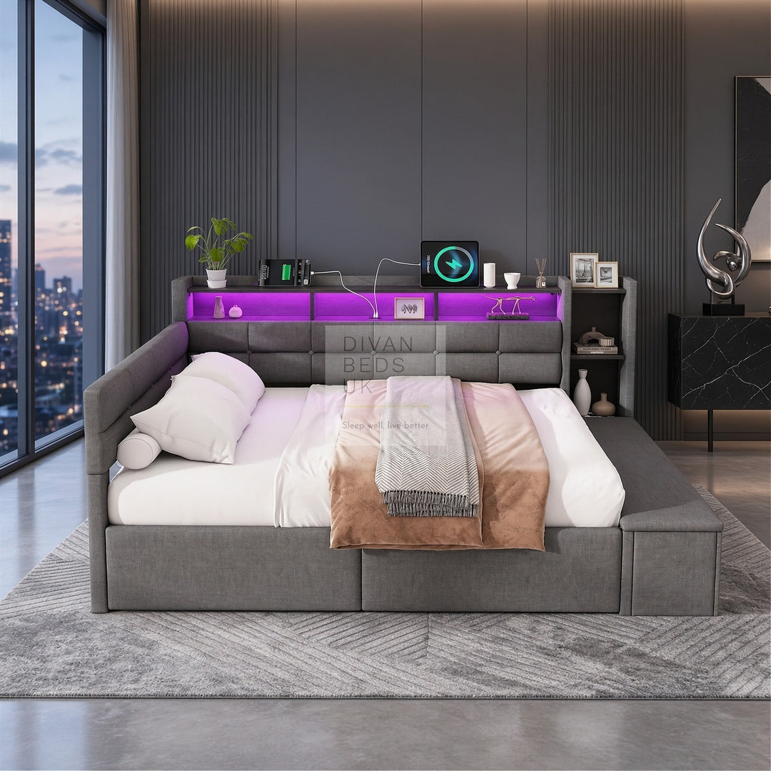 Avayah Grey Linen Smart Daybed Sofa Bed with 2 Drawers, LED Shelves Storage, USB &amp; Type C Charging Station &amp; Storage Box