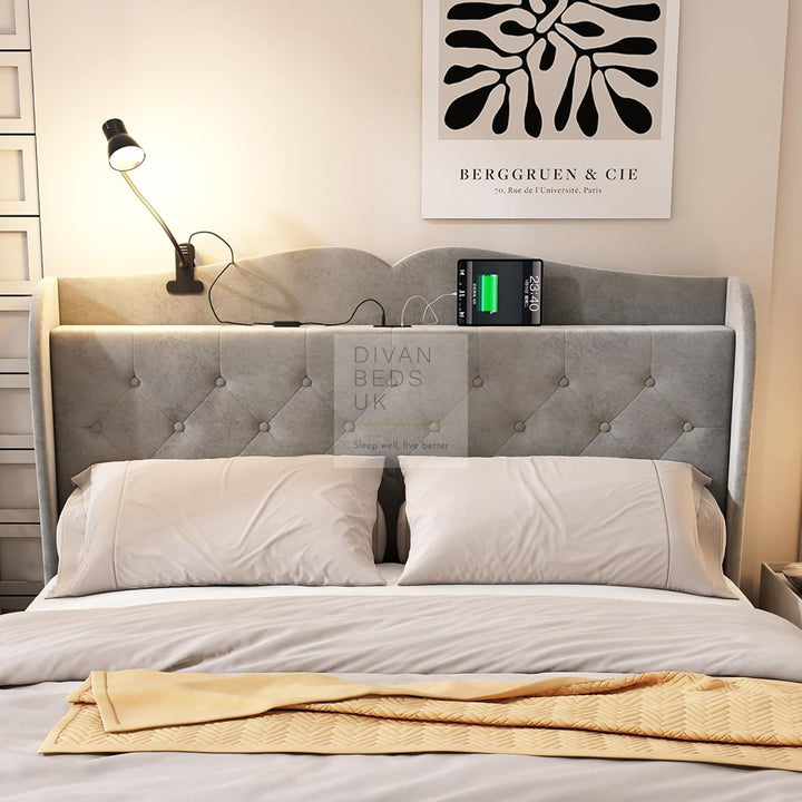 Kendra Grey Velvet Smart Wingback Bed with 4 Drawer Storage with Charging Station USB / Type C & Lamp on Headboard Storage Shelf