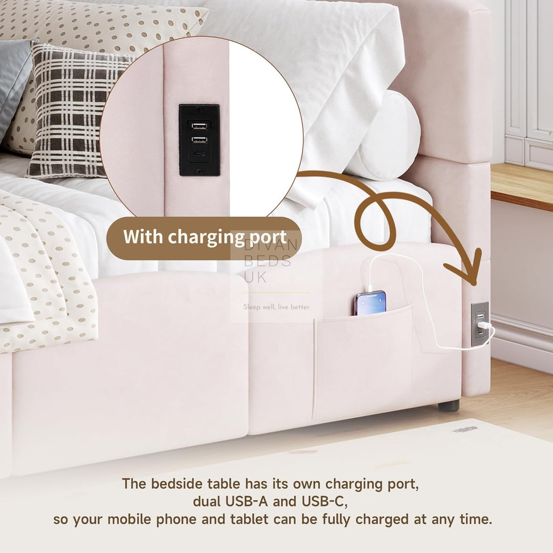 Amaia Pink Plush Velvet Smart Ottoman Storage Daybed Sofa Bed Couch with Charging Station, USB & Type C Ports