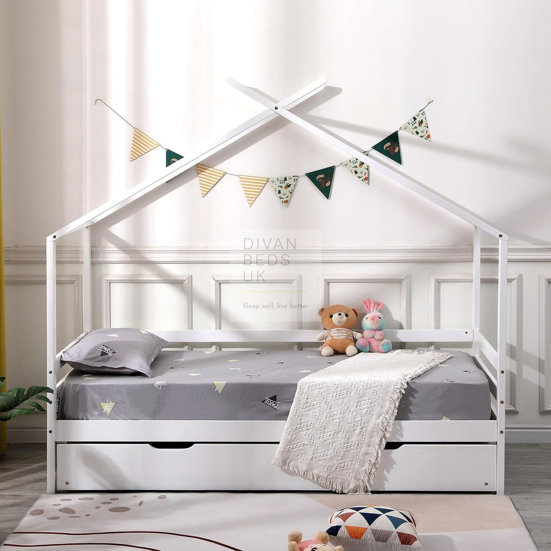 Cabrera White Wooden Treehouse Canopy Bed with Trundle Option Childs Kids