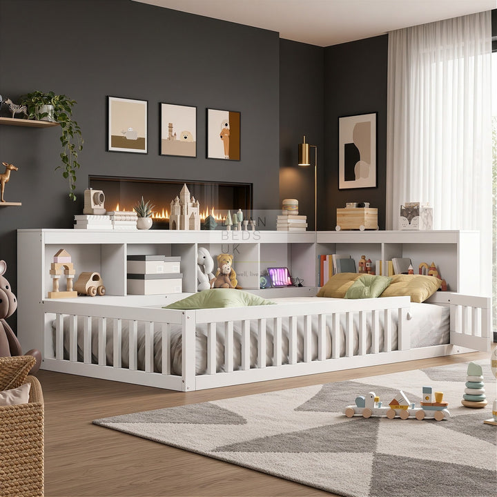 Woodward White Wooden Low Floor Bed with Type C and USB Charging Headboard Storage Shelf