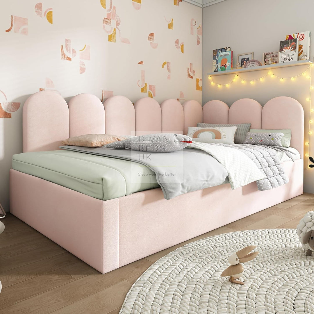 Novara Pink Plush Velvet Convertible Corner 2 Seater Daybed Sofa Bed Couch with Trundle