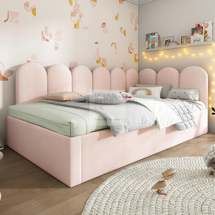 Novara Pink Plush Velvet Convertible Corner 2 Seater Daybed Sofa Bed Couch with Trundle