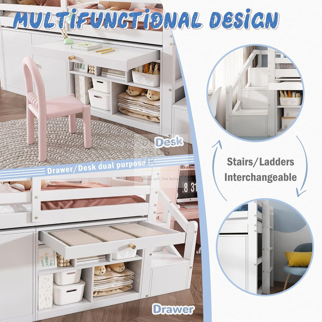 Vicenza Wooden Mid Sleeper Cabin Bunk Kids Bed with Integrated Desk, 2 Drawers, Ladder and Stair Access