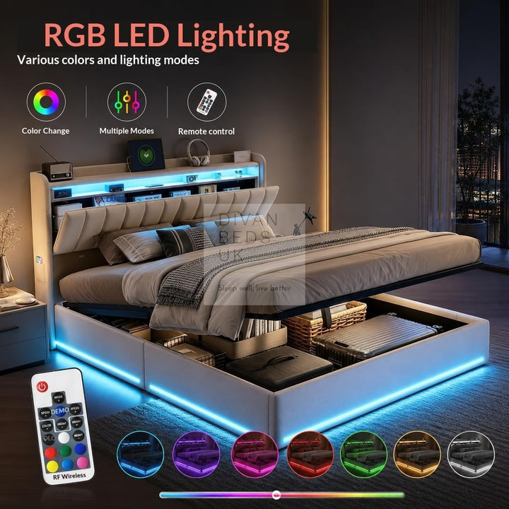 Kairi LED Beige Velvet Ottoman Storage Smart Bed with USB Type C Charging Station on Headboard Storage Shelf