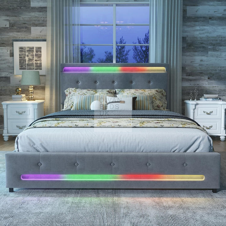 Perdadossu 4 Drawer Storage Grey Velvet Smart Bed with LED Lights