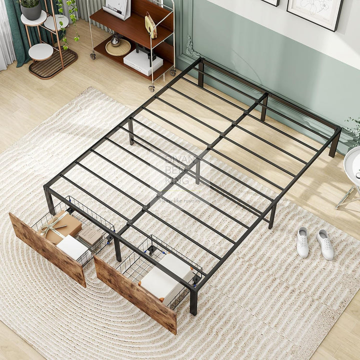 Horatio Metal Divan Bed Rustic Wood with 2 End Drawers and Underbed Storage Space