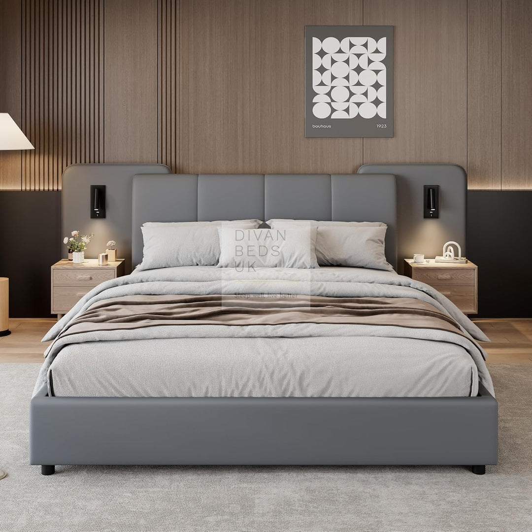 Monteleone Oversized Headboard Grey Leather Bed Frame with Integrated Lighting & USB Charging