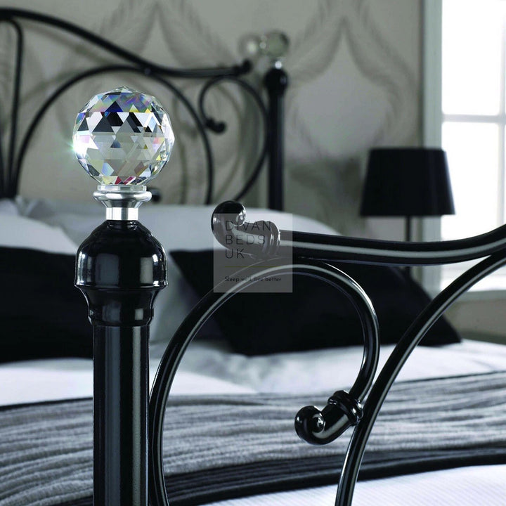 Rosella Crystal Finial Black Metal Bed with Footboard and Optional Drawers