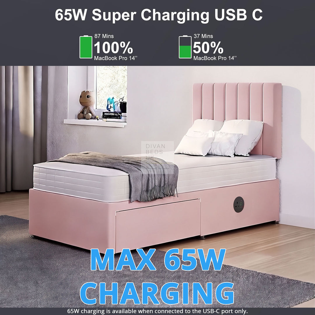 Chiara Smart Divan Bed Set with Buttoned Headboard with Charging, Sockets, USB, Type C Ports