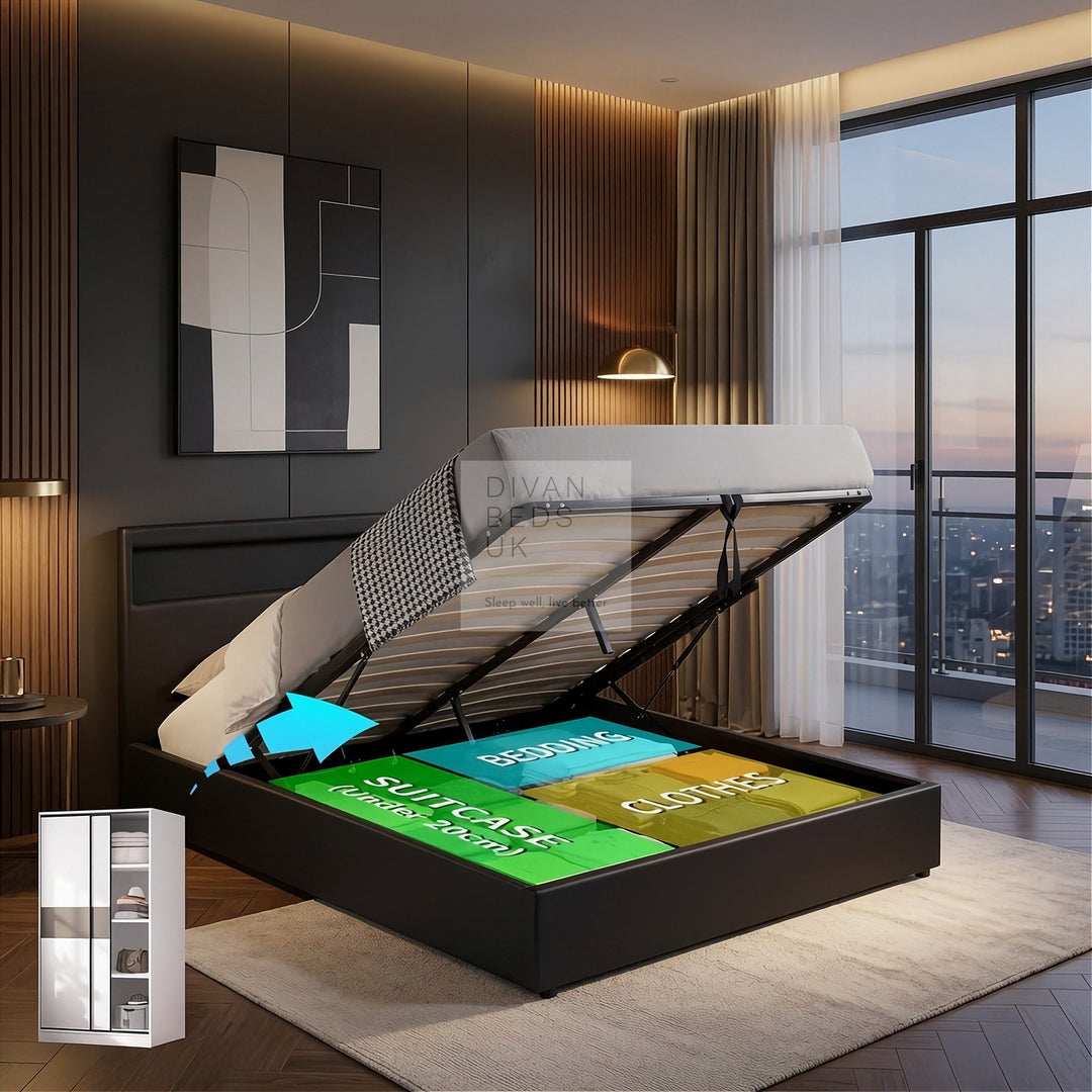Zena LED Black Leather Ottoman Gas Lift Storage Smart Bed