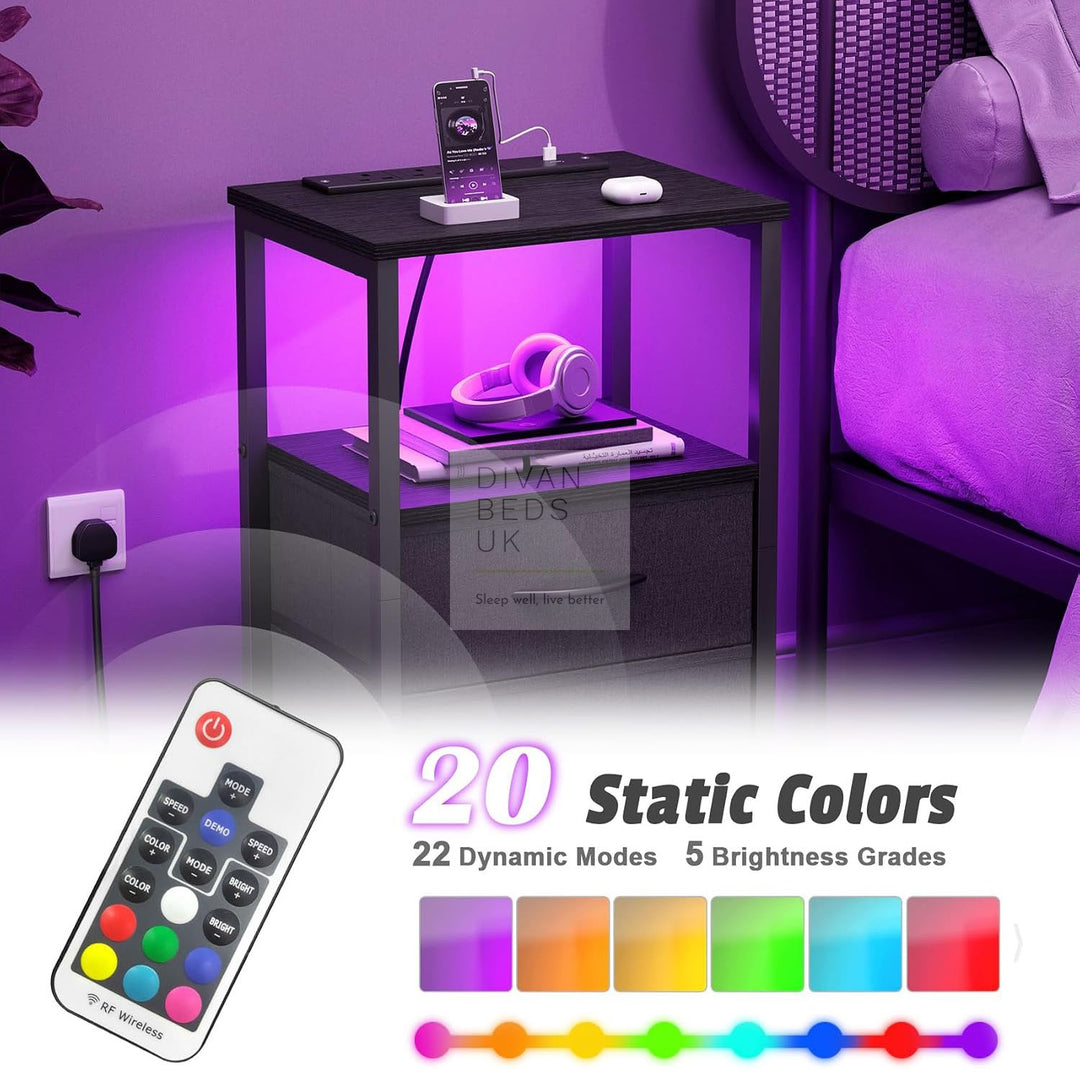 Henry 2 Drawer Black Wood and Metal Smart Bedside Table with Shelf