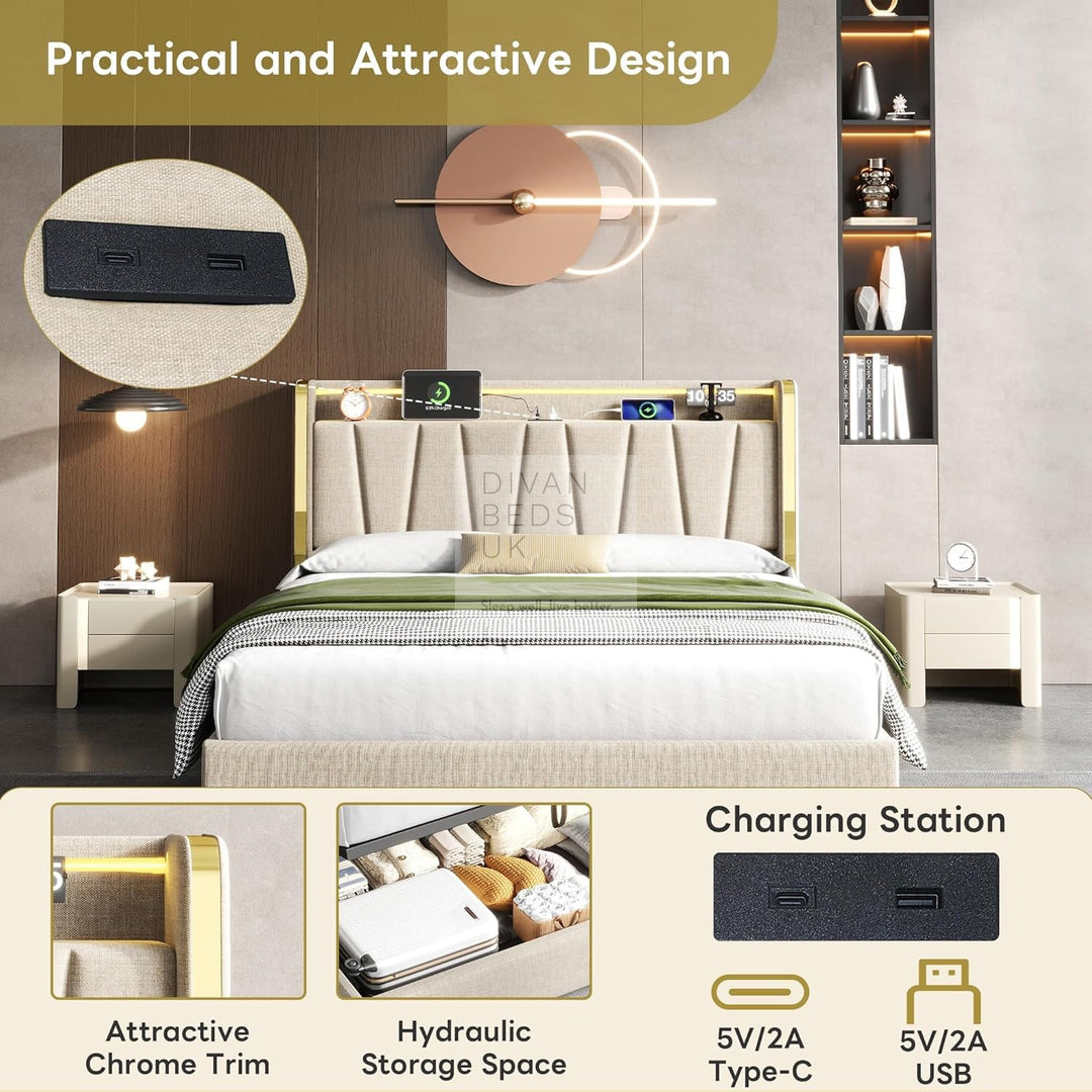 Florence Beige Linen Smart Ottoman Bed with LED Gold Headboard Shelf, Type C and USB Charging Station