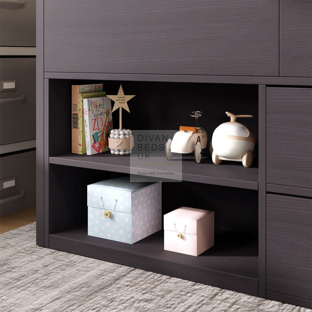 Zenda Black Wooden Cabin Mid Sleeper Bed Storage with Drawers and Shelves