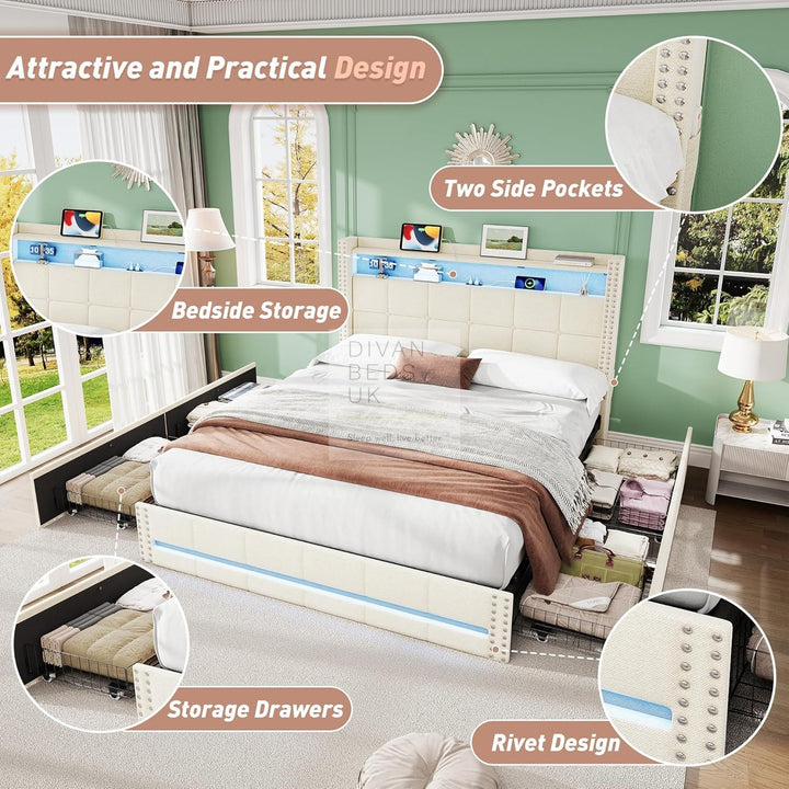 Modena Beige Linen Smart Wingback Bed with 4 Drawer Storage with Charging Station USB Type C on Headboard Storage Shelf