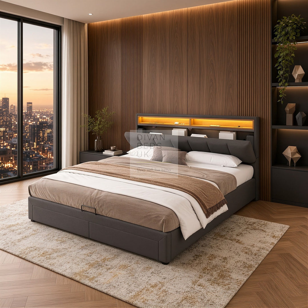 Aarya Charcoal Grey Linen 2 in 1 Drawer Ottoman Storage Bed with LED Lights &amp; Headboard Shelf