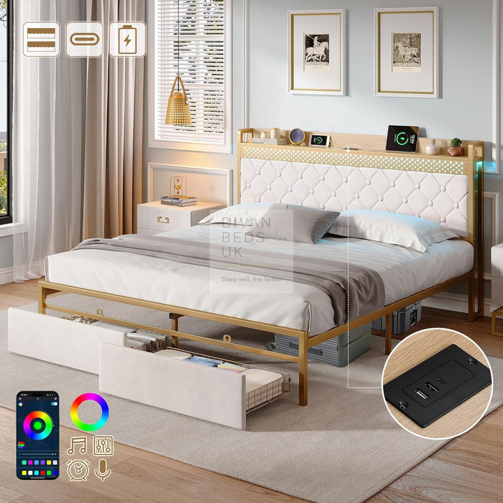 Arellano Winged Biege Velvet LED Metal Smart Bed with 2 Drawers USB, Type-C Charging Storage Headboard Shelf