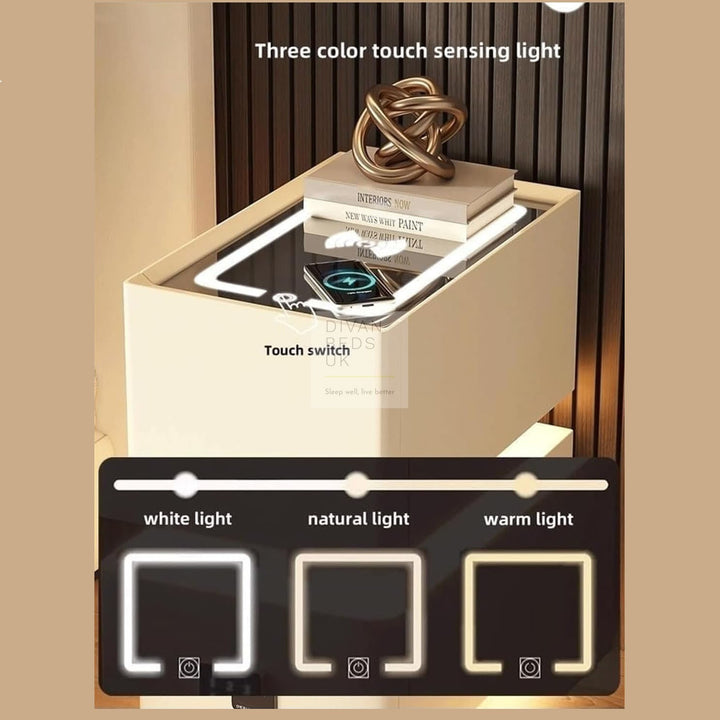 Lozano Khaki 2 Drawer Smart Bedside Table with Wireless Charging, LED and Password Protected Storage (Pre-Assembled)