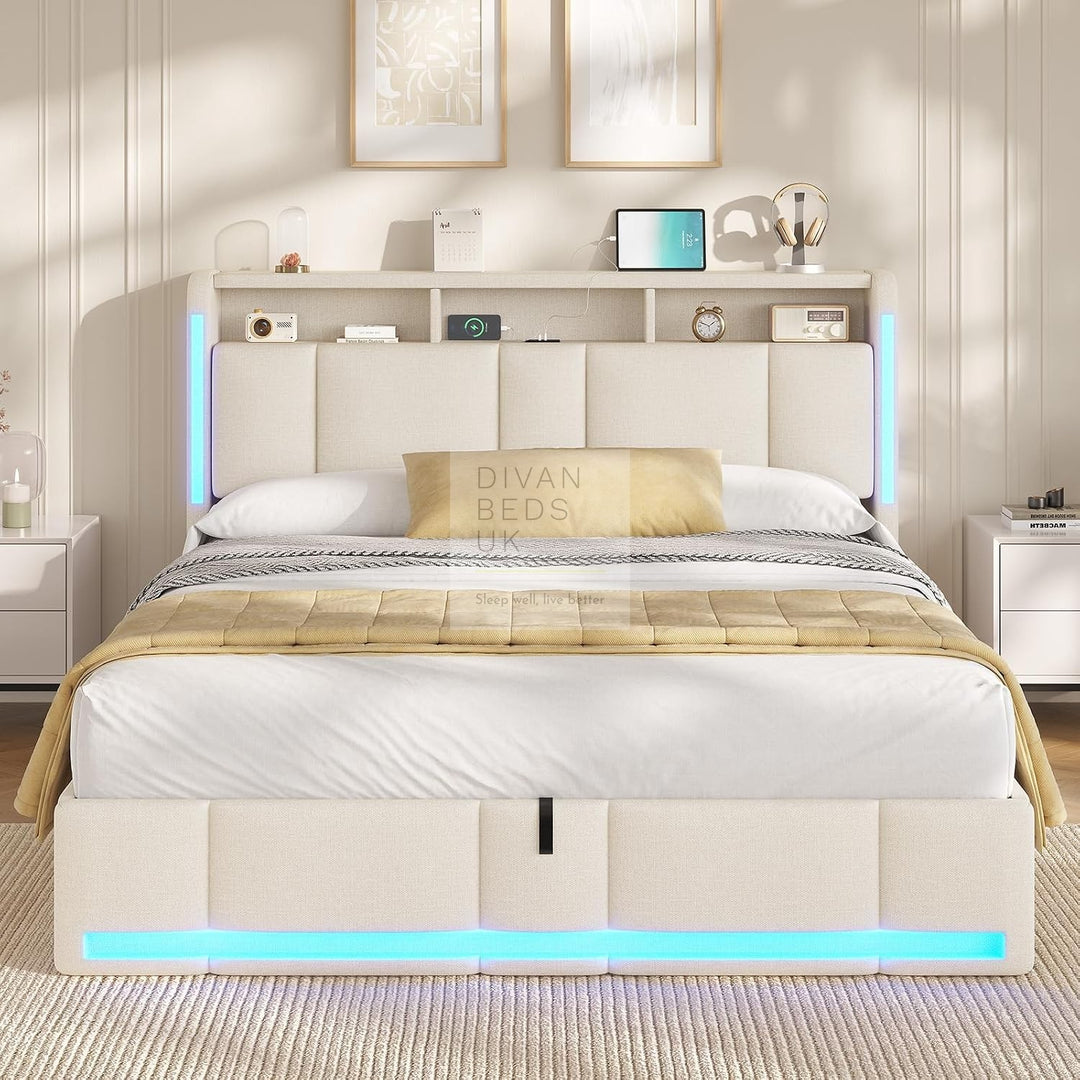 Castellano Beige Linen Ottoman Storage Bed with LED Lights, Type C and USB Charging Headboard Storage Shelf