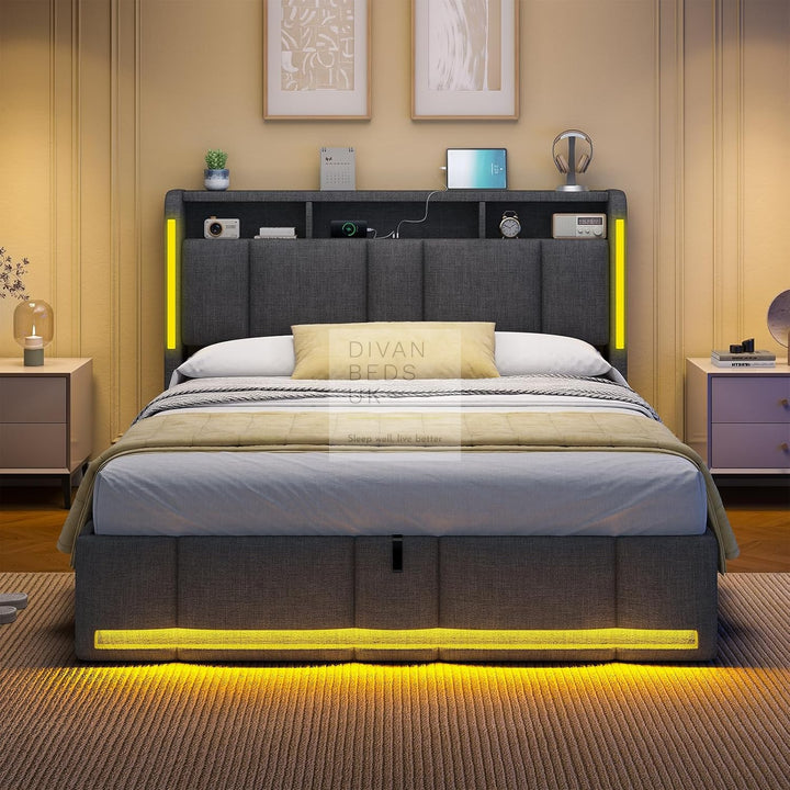 Castellano Grey Linen Ottoman Storage Bed with LED Lights, Type C and USB Charging Headboard Storage Shelf