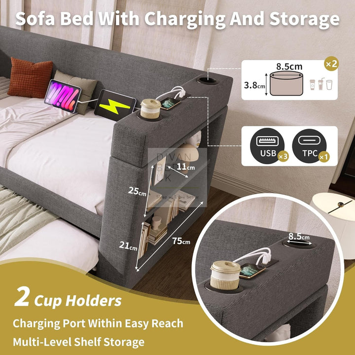 Laylani Grey Linen Smart Daybed Sofa Bed with Shelves Storage, USB & Type C Charging Station & Trundle