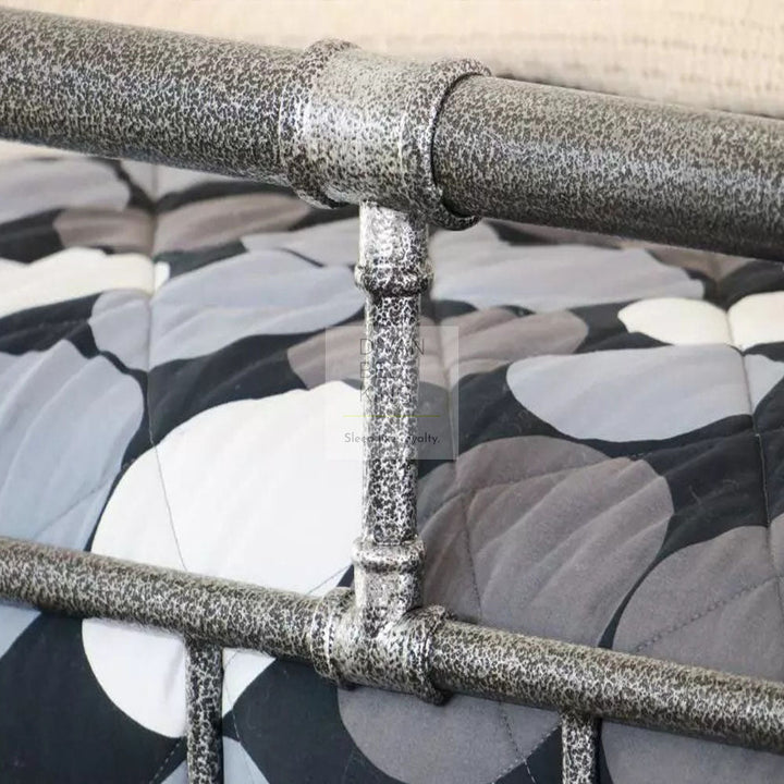 Majesty Grey Scaffold Industrial Metal Bed Frame with Padded Beige Headboard