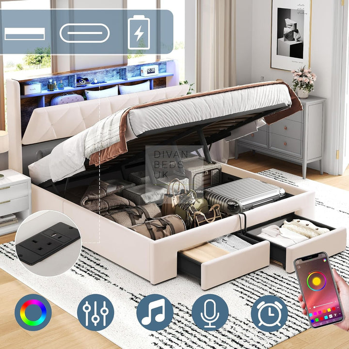 Velasquez Beige Plush Velvet Ottoman Storage Smart Bed with Type C, USB & Socket Charging Headboard Storage Shelves