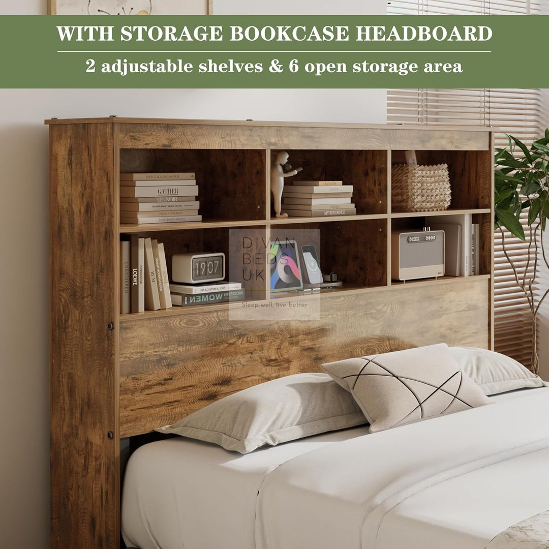 Aubriella Rustic Oak Style Wooden Smart Bed with 4 Drawers, Power Outlets and USB Ports & Shelves
