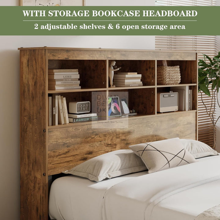 Aubriella Rustic Oak Style Wooden Smart Bed with 4 Drawers, Power Outlets and USB Ports & Shelves