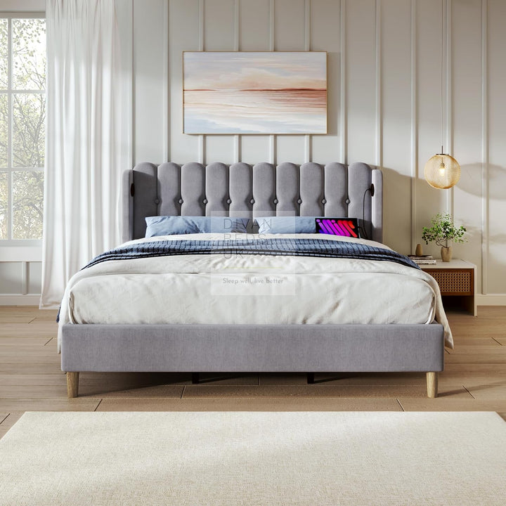 Calabria Wingback Grey Linen Smart Bed with USB & Type-C Charging Stations on Both Sides