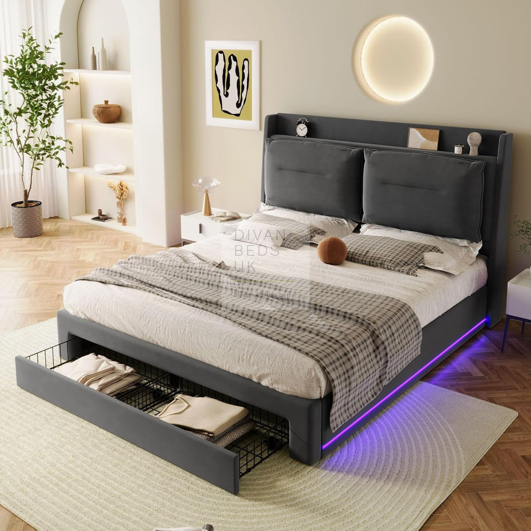 Renzo Padded Headboard Grey Ottoman Smart Bed with LED Side Panels & 1 Large End Drawer