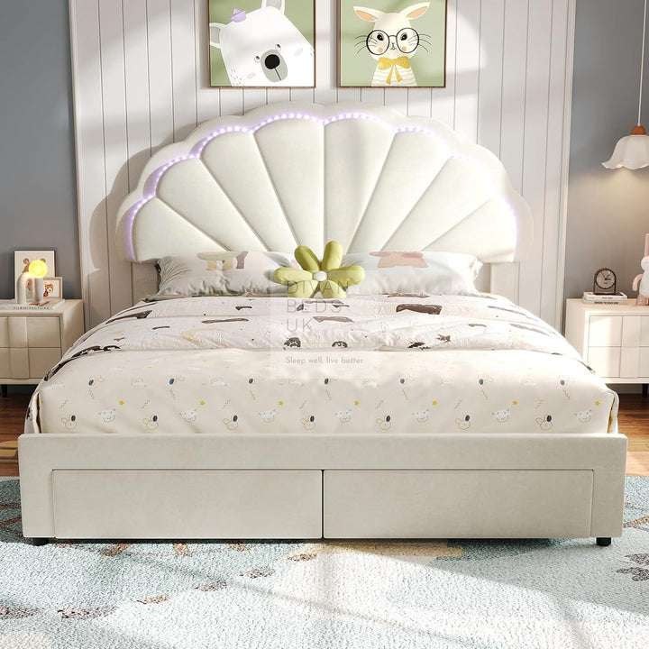 Blossom Beige Off White Velvet LED Bed with End Drawer Storage