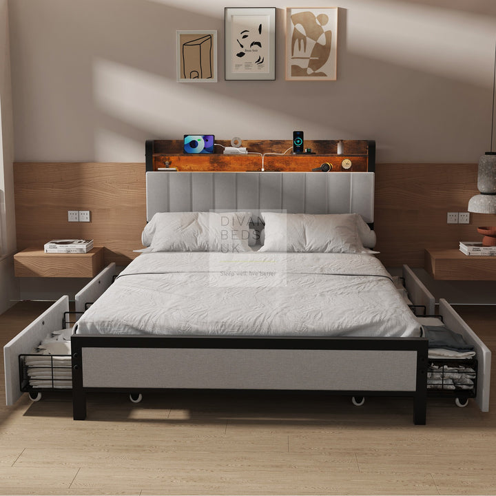 Henry Off-White Linen Metal Bed with 4 Drawers with Headboard Shelves, LED, USB and Power Outlet