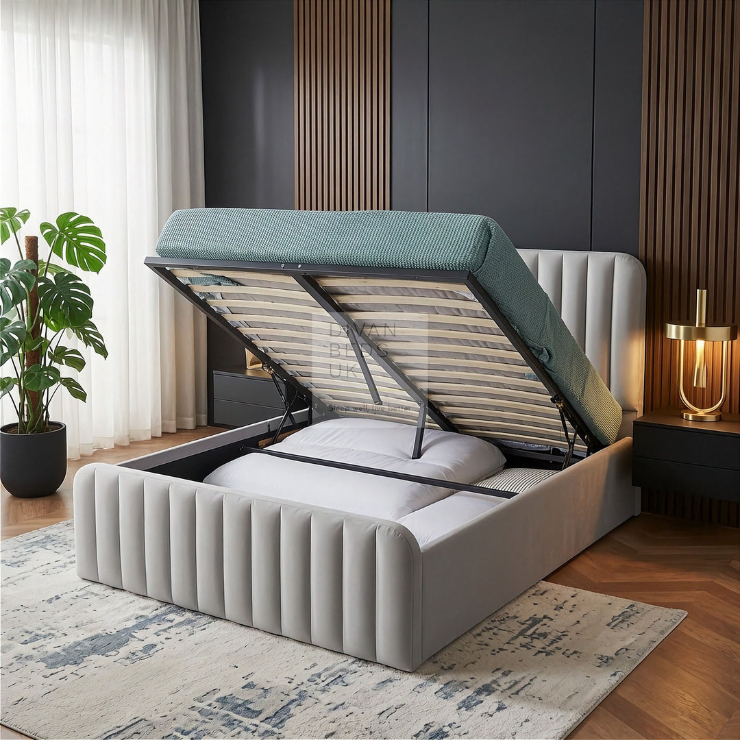 Stripe Plus Alexis Light Grey Velvet Ottoman Storage Bed Frame