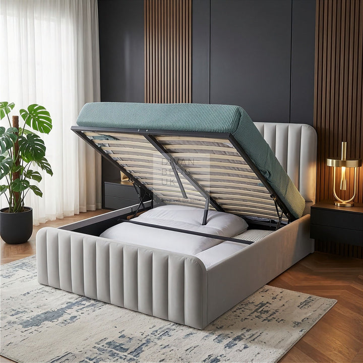 Stripe Plus Alexis Light Grey Velvet Ottoman Storage Bed Frame