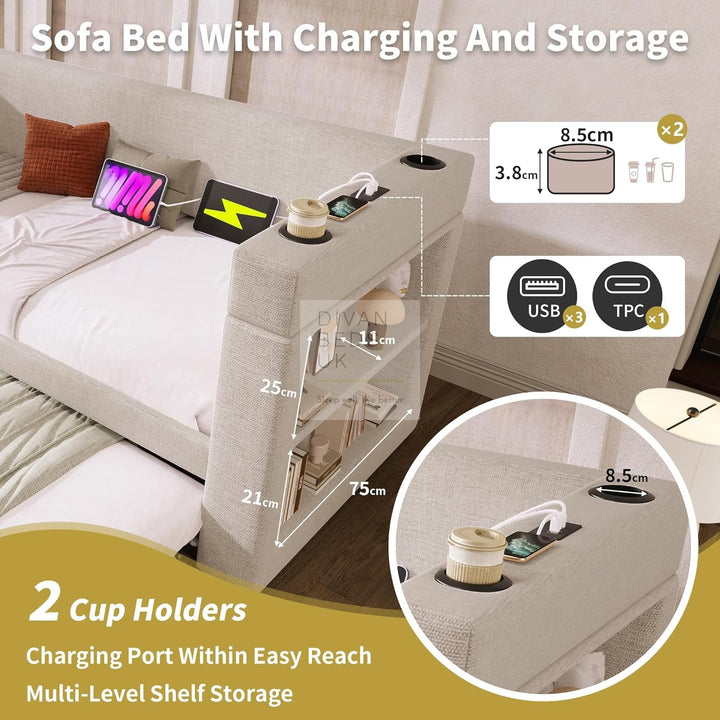 Laylani Beige Linen Smart Daybed Sofa Bed with Shelves Storage, USB & Type C Charging Station & Trundle
