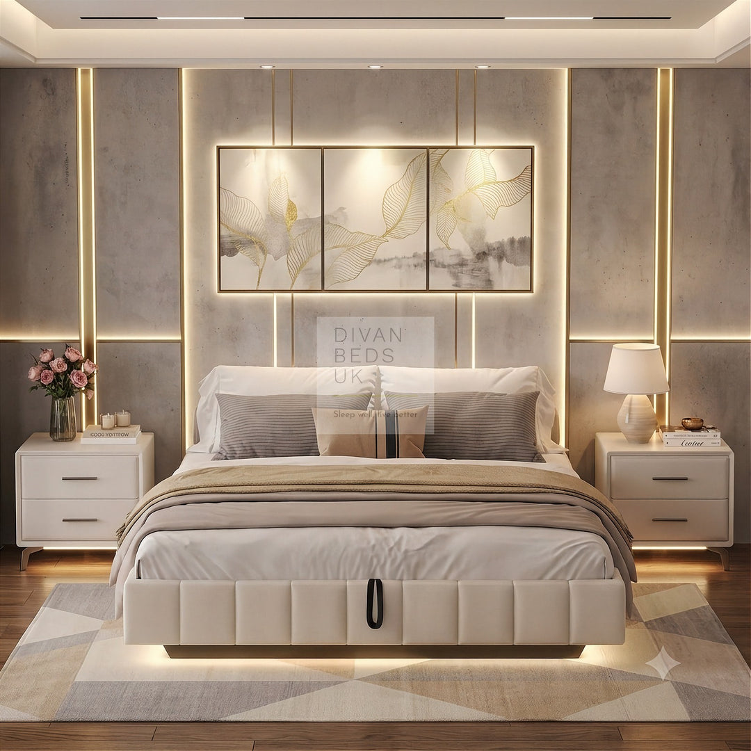 Carrillo Floating Style Smart LED Beige Linen Ottoman Gas Lift Storage Bed Base