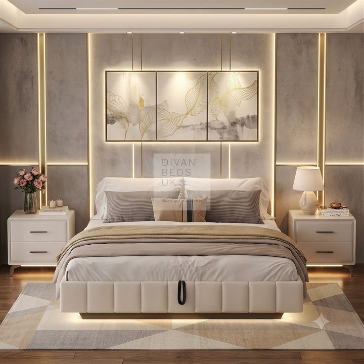 Carrillo Floating Style Smart LED Beige Linen Ottoman Gas Lift Storage Bed Base