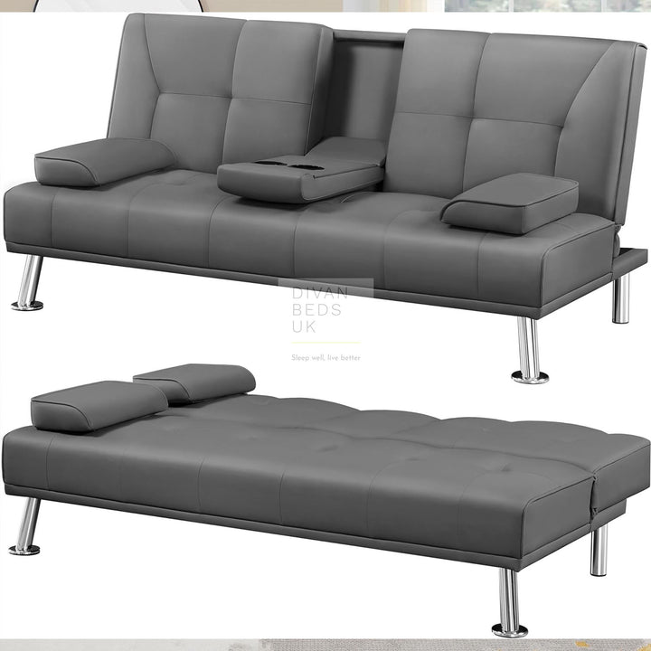 Francesca Grey Leather Sofa Bed with Pillows and Cupholders