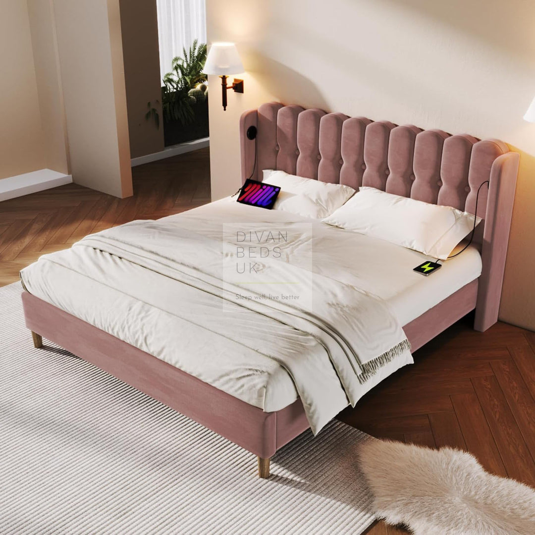 Calabria Wingback Pink Velvet Smart Bed with USB & Type-C Charging Stations on Both Sides
