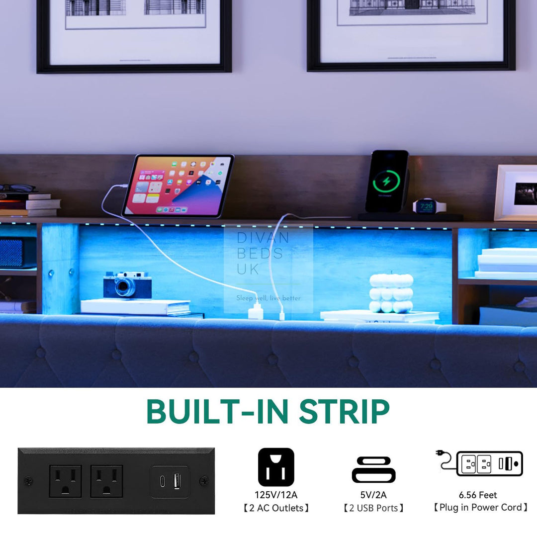 Burton Smart Metal Floating Bed Frame with Grey Padded Storage Headboard, LED Lights, USB, Type C & AC Sockets Charging Station