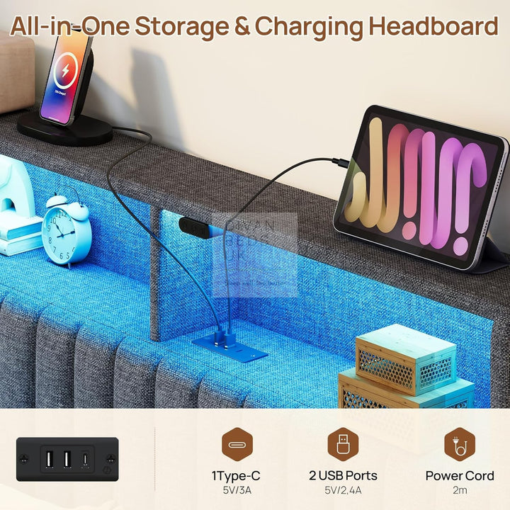 Houston Kids Smart Metal Floating Bed with Grey Padded Storage Headboard, LED Lights, USB & Type C Charging Station