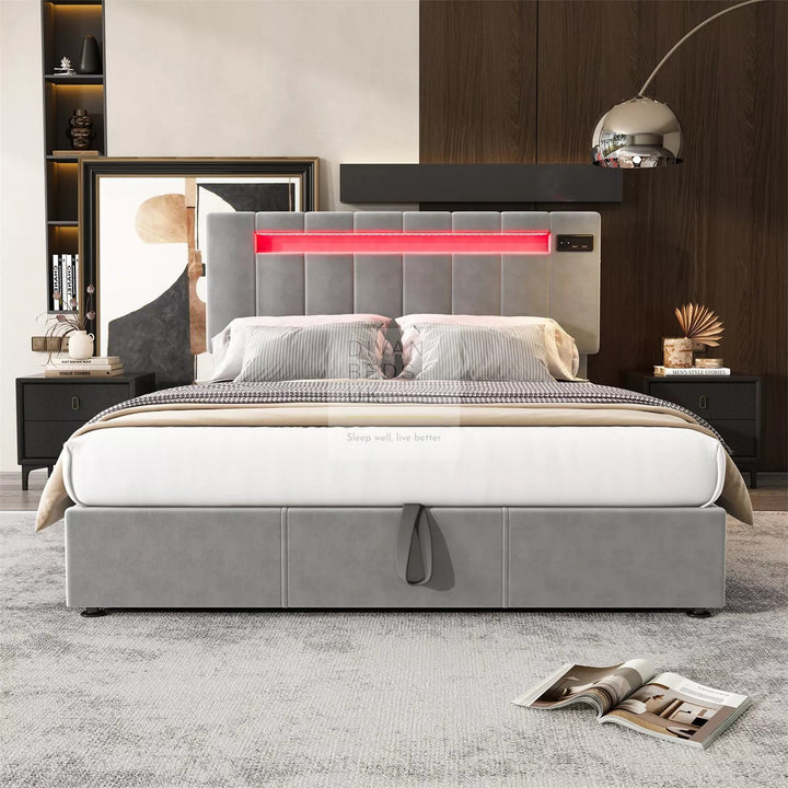 Sierra LED Grey Ottoman Storage Bed with Bluetooth Speakers & USB Ports