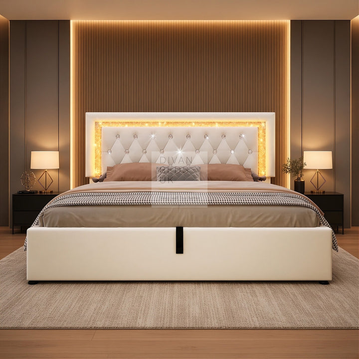 Adela Beige Velvet Diamante Crystal Bed Ottoman Storage Smart Bed with Glitter LED Lights, USB and Type-C Charging