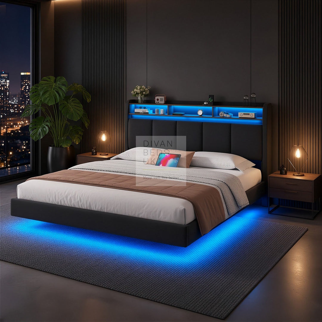Houston Smart Metal Floating Bed with Grey Linen Padded Storage Headboard, LED Lights, Plug Sockets, USB &amp; Type C Charging Station