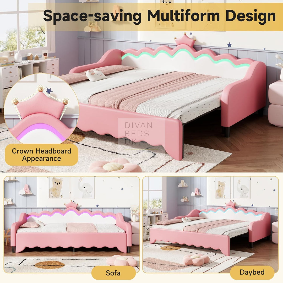 Vivian Pink Leather Girls Smart Sofa Bed with LED Lights & Trundle Daybed Couch